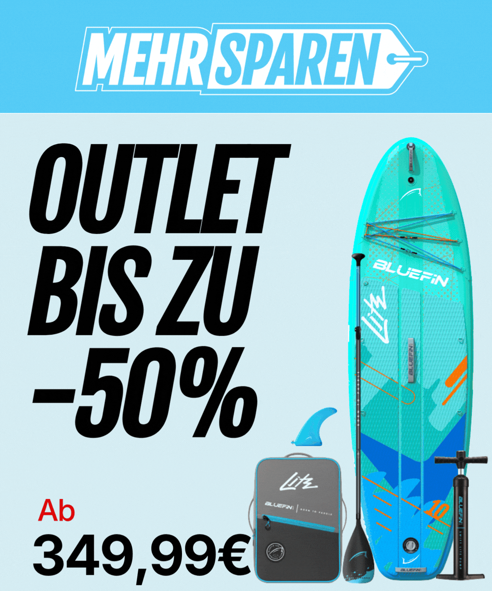 Outlet-Angebot: türkisfarbenes SUP-Board mit Paddel, Pumpe und Tasche ab 349,99 €, bis zu 50 % Rabatt