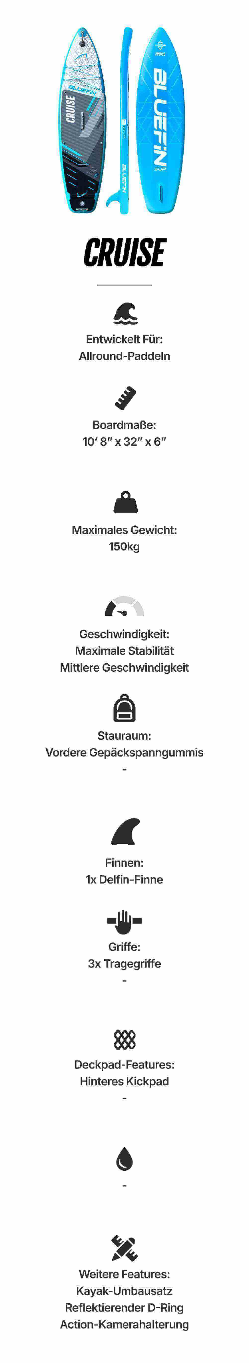 Bluefin SUP Cruise inflatable paddleboard, 10'8" x 32" x 6", with center fin and textured kick pad.