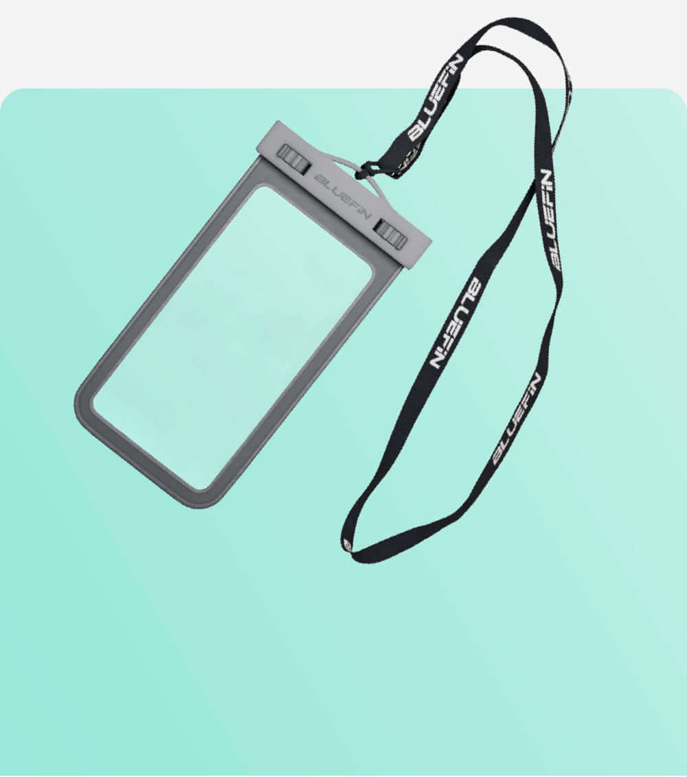 Waterproof phone pouch with gray frame and adjustable lanyard, hanging against a light blue background