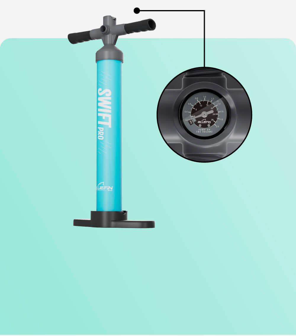 Bluefin SUP Swift Pro pump in turquoise with pressure gauge and black handle on a light background