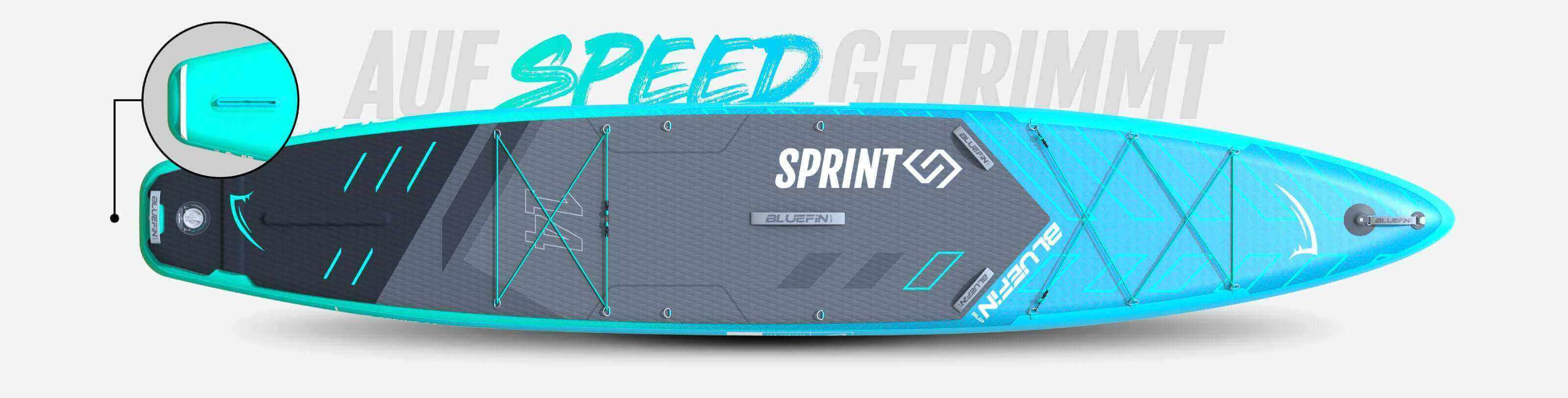 Inflatable paddleboard in turquoise with textured deck, center fin, and inflation valve