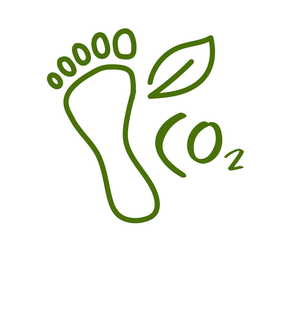 Green outline of a footprint with a leaf and CO2 symbol, representing carbon footprint concept