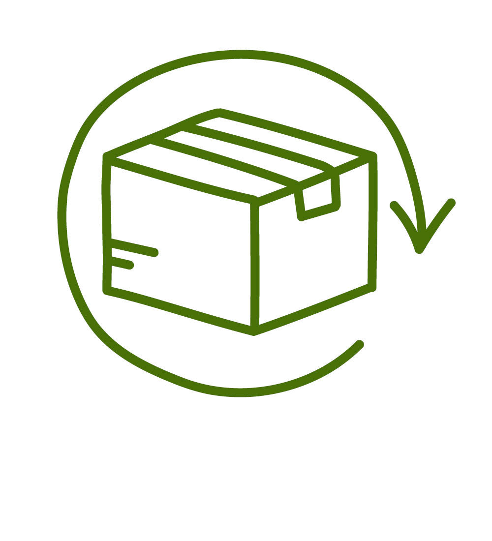 Line drawing of a cardboard box with an arrow indicating a return process