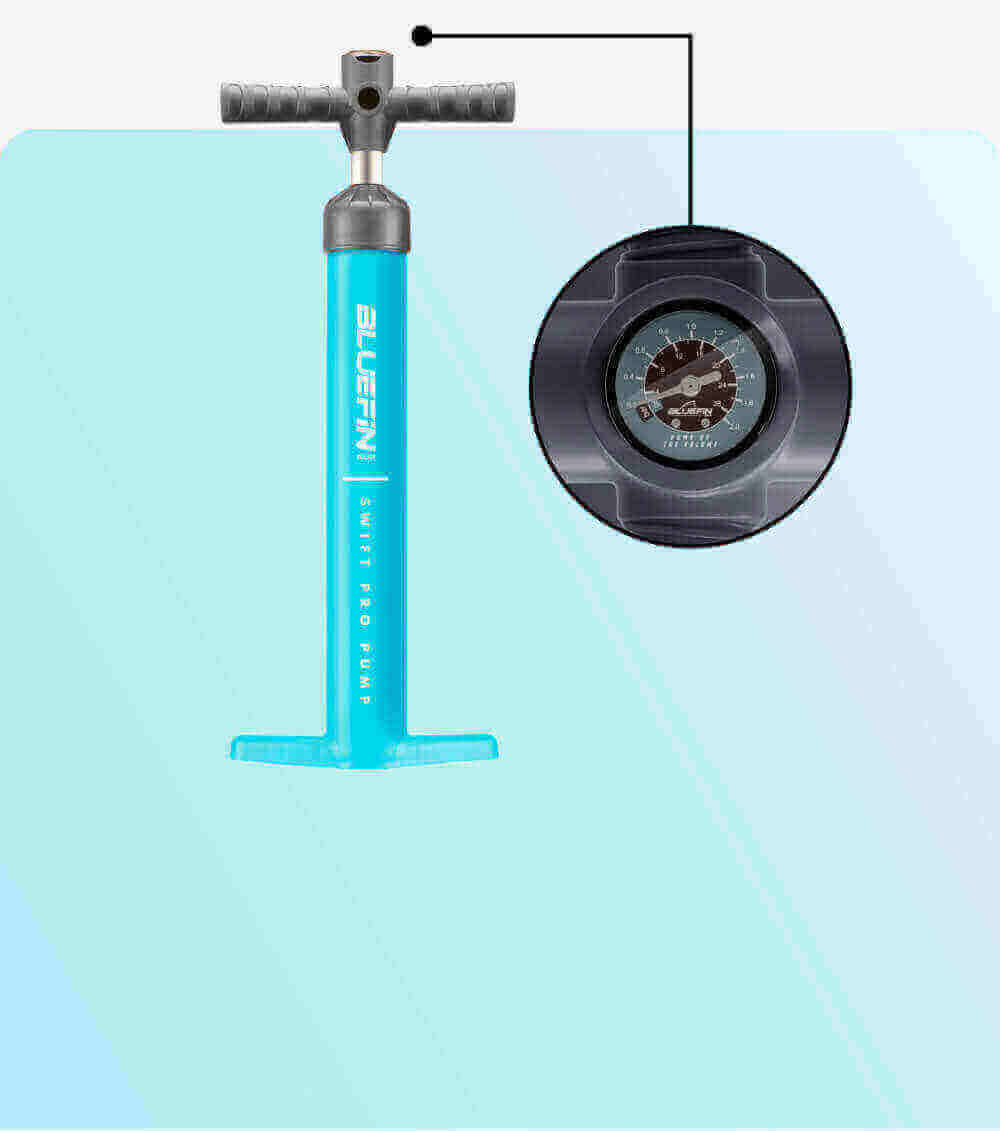 Bluefin Swift Pro Pump in turquoise with a pressure gauge on top for inflating paddleboards.