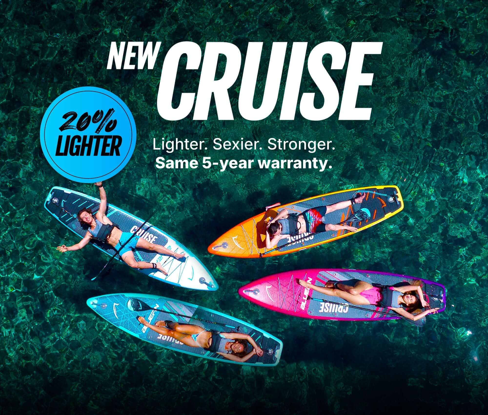 Four inflatable paddleboards in bright colors on clear water, with people relaxing on them.