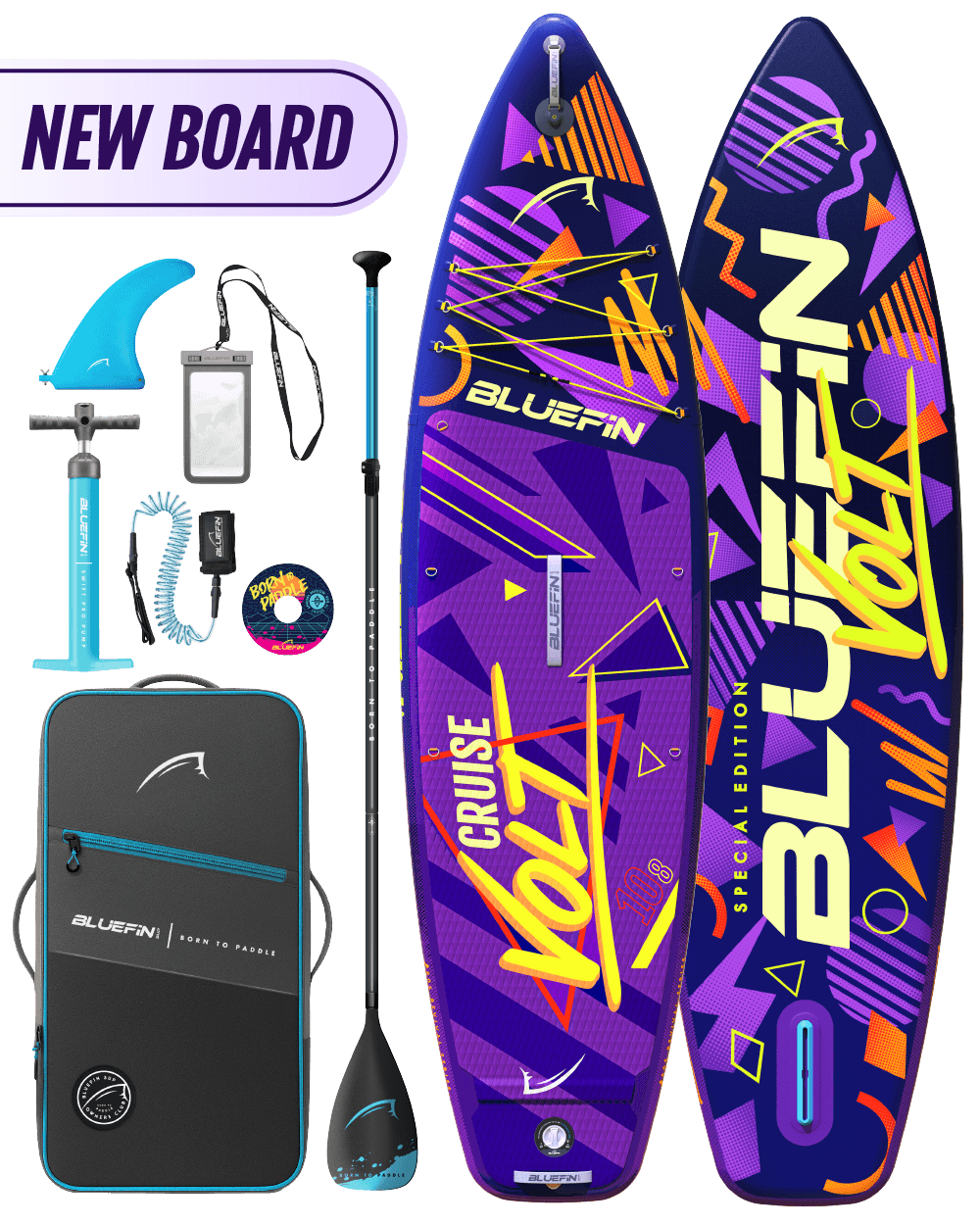 Inflatable paddleboard with colorful design, paddle, fin, pump, and carrying bag included.