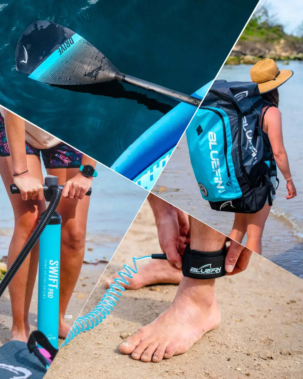Collage of paddleboard gear: paddle, pump, ankle leash, and backpack on beach