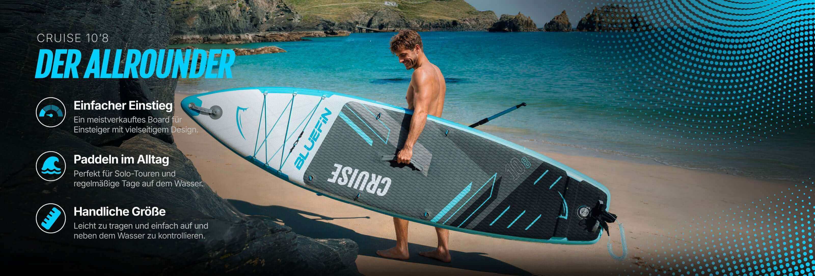 Inflatable paddleboard on beach, featuring textured surface, center fin, and carrying handle.