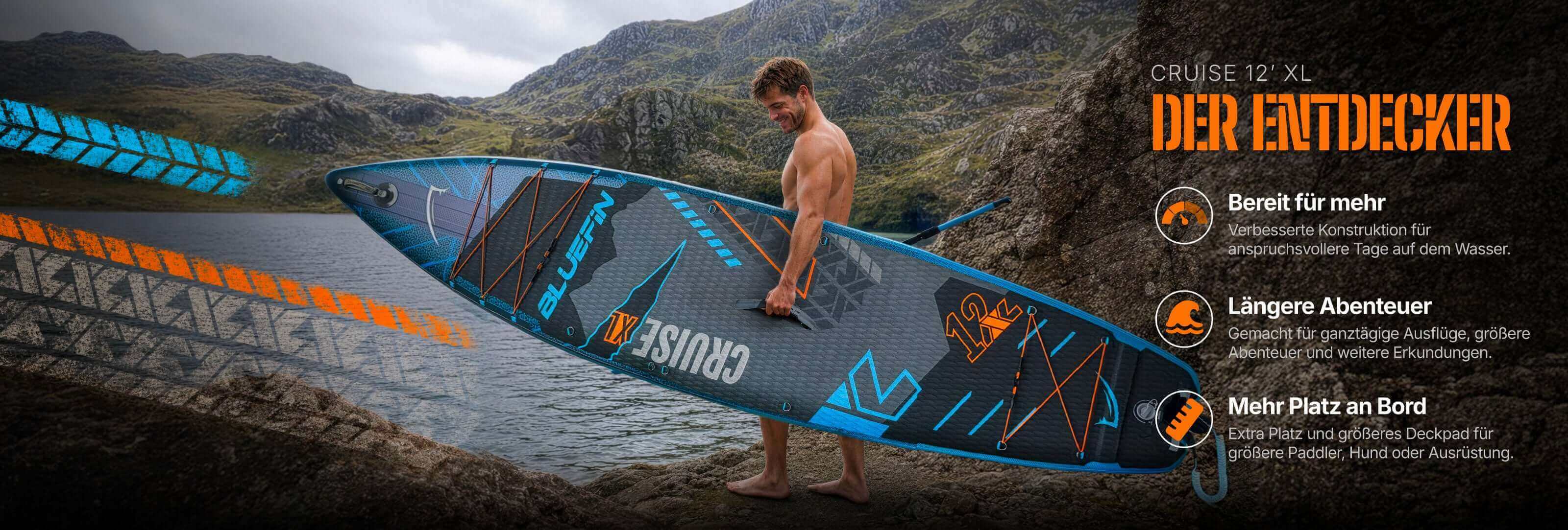 Inflatable paddleboard with textured surface, center fin, and orange bungee cords for gear storage