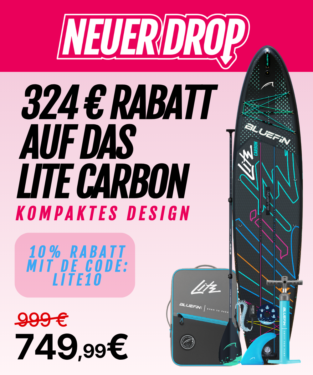 Inflatable Lite Carbon paddleboard with paddle, pump, and carrying bag, featuring a textured deck and vibrant design.