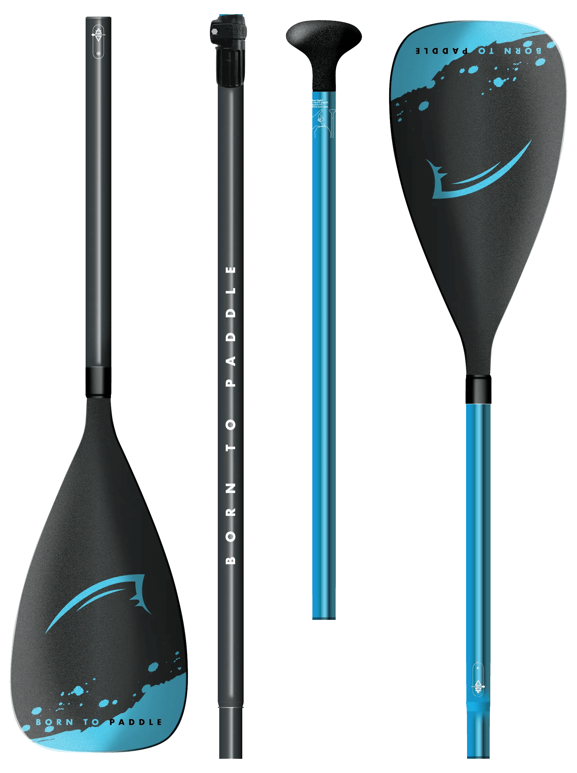 Paddle with a black blade featuring blue accents, adjustable shaft, and textured grip for comfort.
