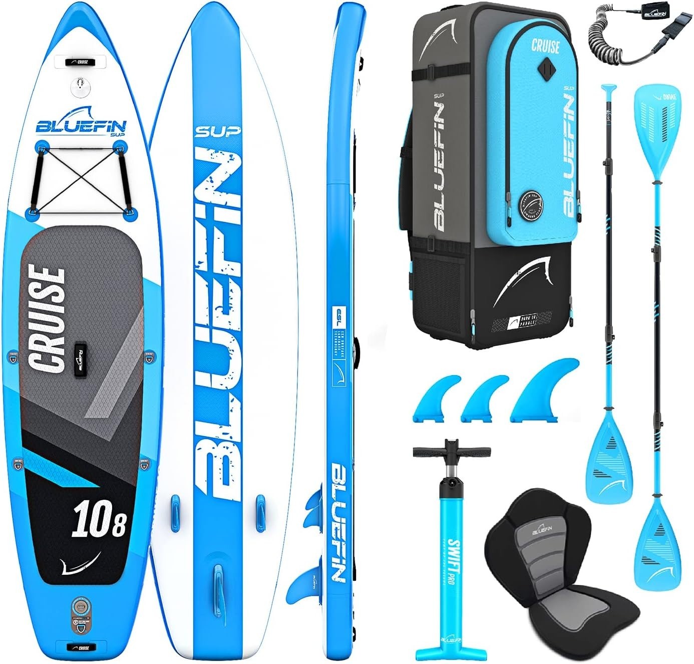 Inflatable paddleboard in blue with accessories: paddle, fins, pump, and backpack for transport.