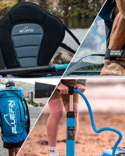 Collage of Bluefin SUP products: seat, backpack, pump, and paddleboard with valve.