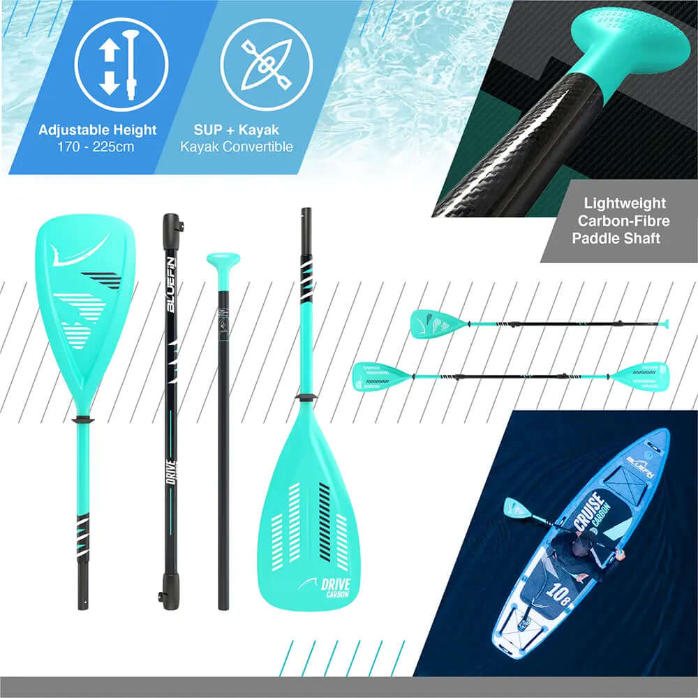 Adjustable paddle with turquoise blade, carbon-fiber shaft, and kayak conversion feature