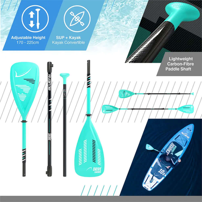 Adjustable paddle with turquoise blade, carbon-fiber shaft, and kayak conversion feature