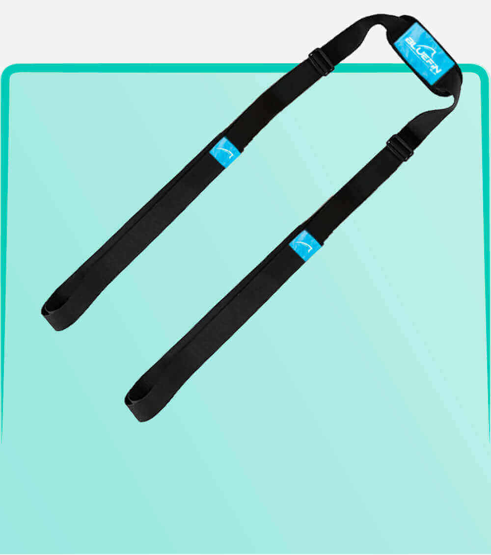 Black carrying straps with blue logo, designed for transporting paddleboards or similar gear.