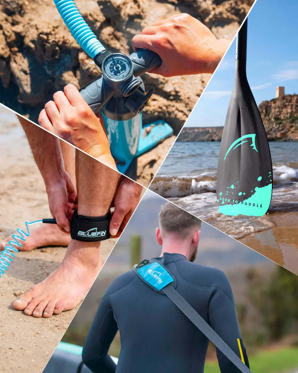 Collage of paddleboarding gear: pump, paddle, ankle leash, and wetsuit with Bluefin branding.