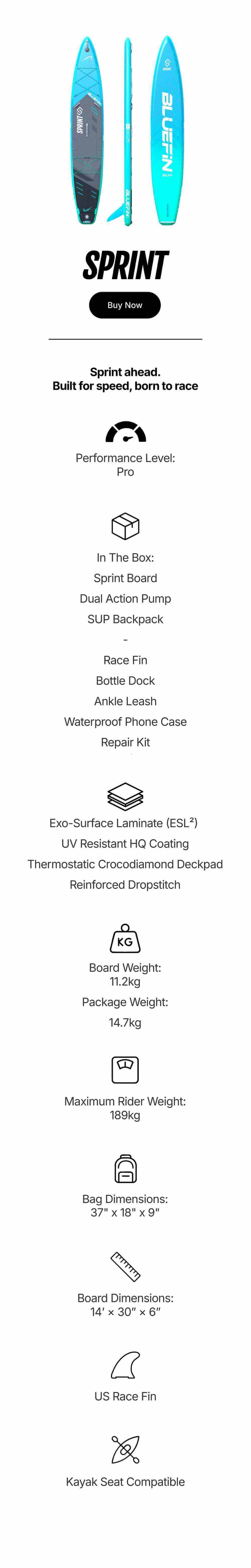 Inflatable paddleboard in blue and teal with a textured deck pad and center fin, dimensions listed