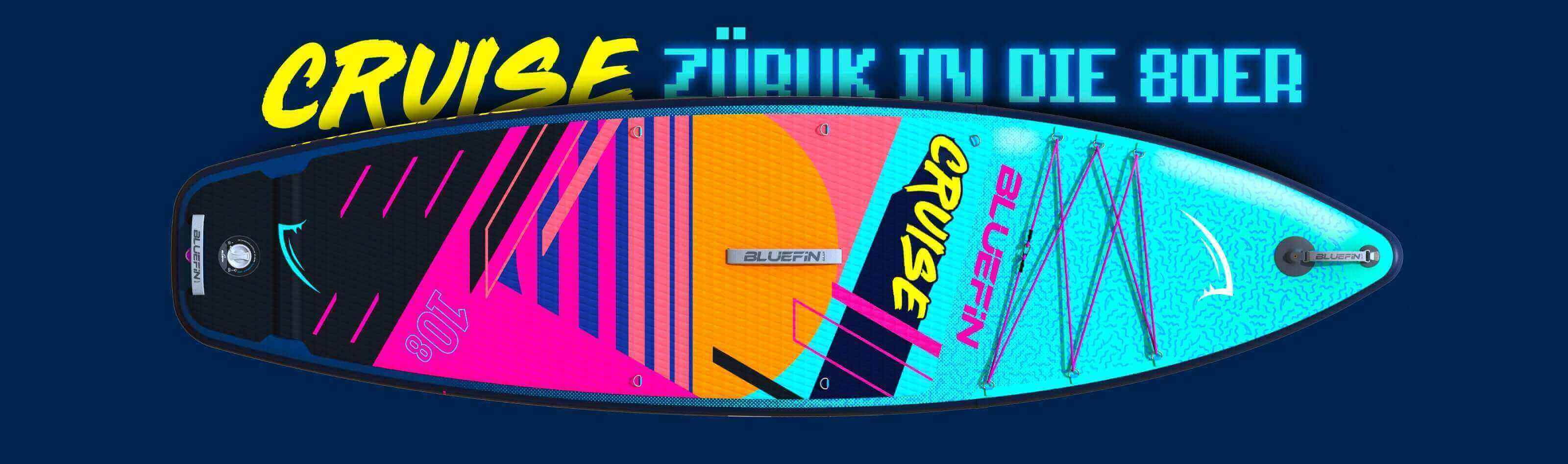 Colorful inflatable paddleboard with textured deck, center fin, and branding in vibrant design