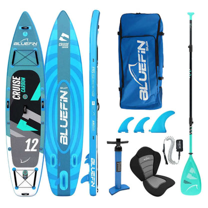 Inflatable paddleboard with blue and gray design, paddle, fins, pump, and carry bag included.