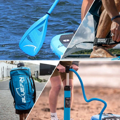 Collage of a blue paddle, backpack, leash, and pump for paddleboarding gear