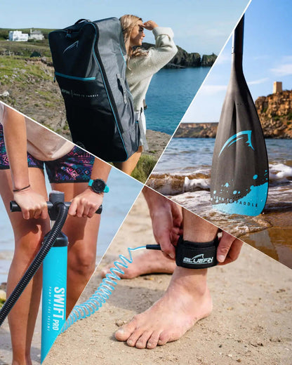 Collage of paddleboarding gear: a backpack, paddle, pump, and ankle leash on a sandy beach.