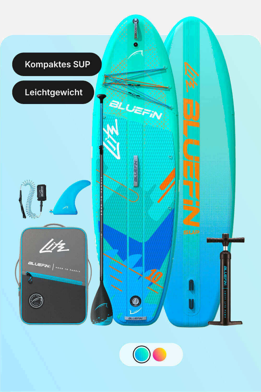 Inflatable paddleboard in teal with paddle, fin, pump, and carrying bag for easy transport