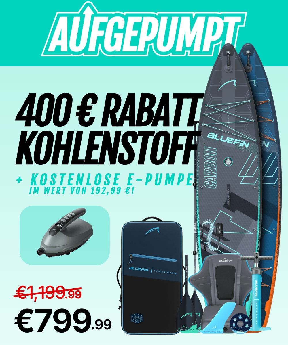 Inflatable paddleboard with center fin, electric pump, paddle, and carrying bag, priced at €799.99