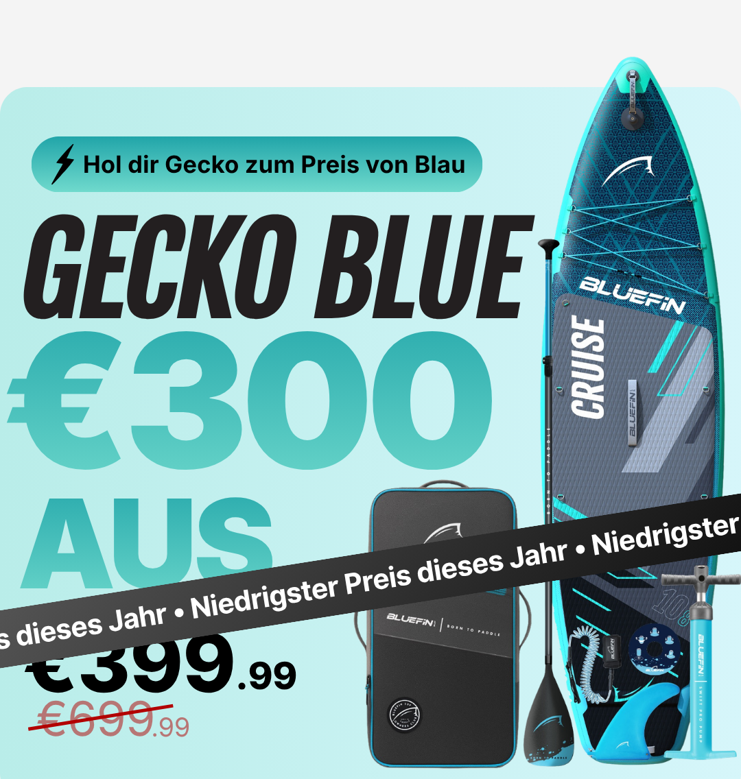 Inflatable paddleboard in blue with textured deck, paddle, pump, and carrying bag, showing price details