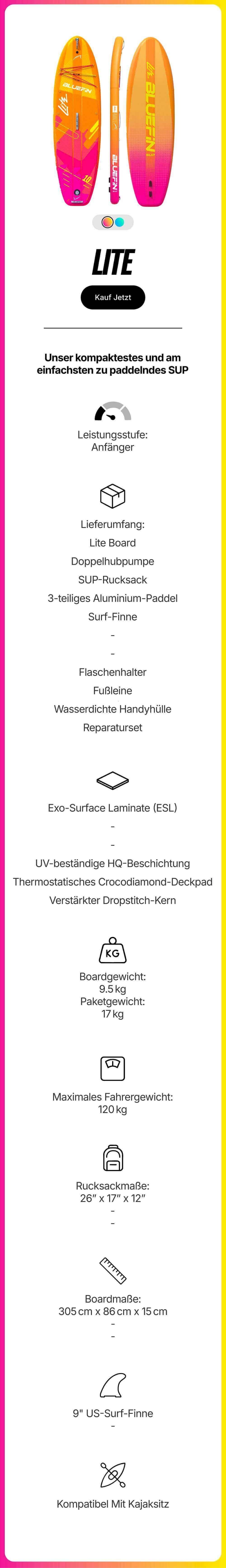 Inflatable paddleboard in orange and pink with textured deck, center fin, and valve for easy transport