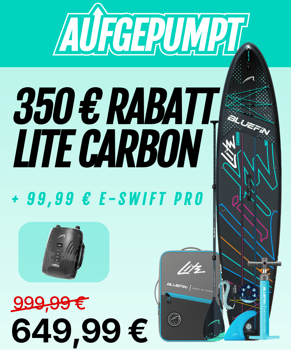 Lite Carbon inflatable SUP bundle with E-SWIFT Pro pump, bag and accessories; €350 discount, now €649.99 plus €99.99 pump