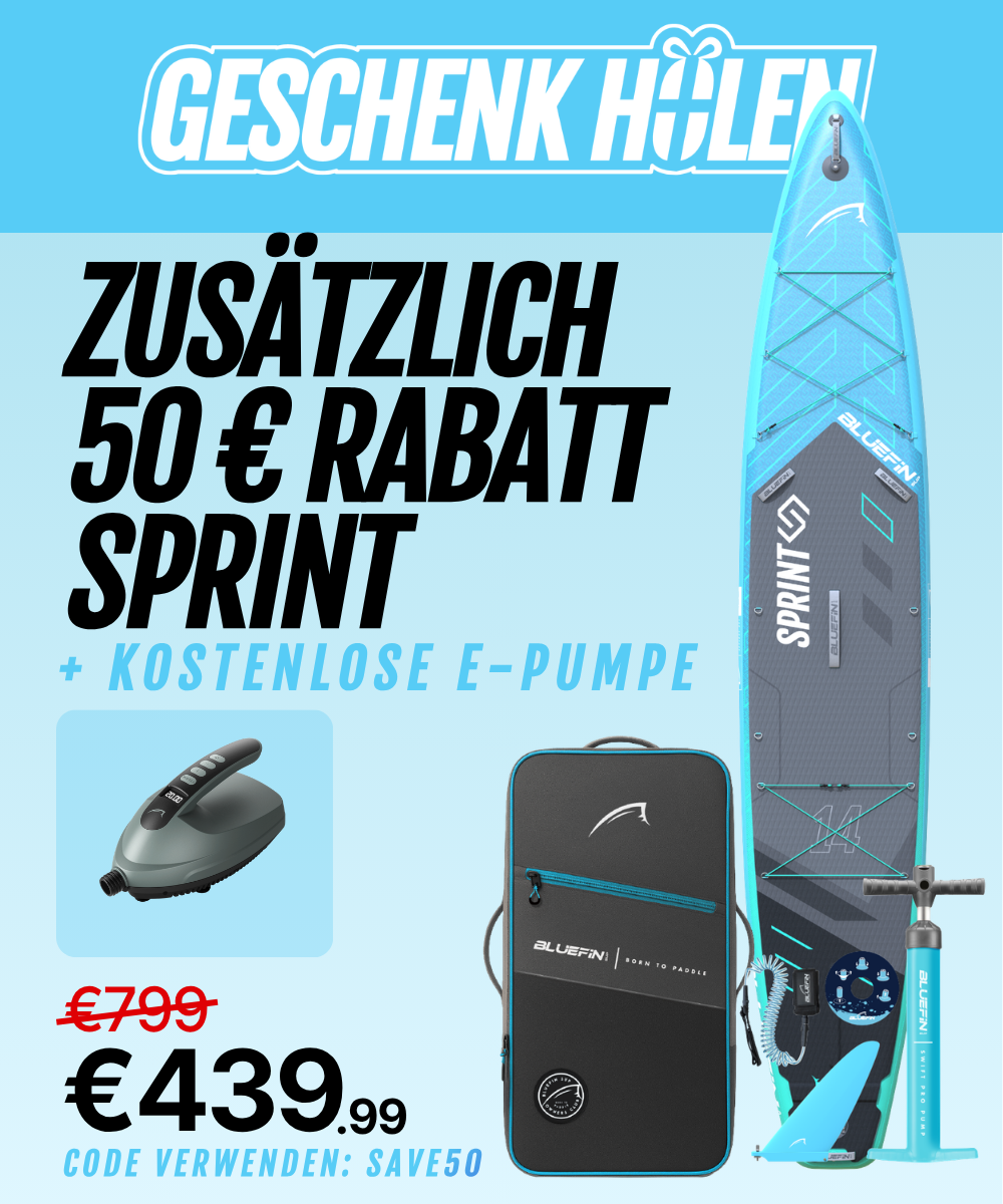 Promotional image for Bluefin SUP showcasing the Sprint model, a pump, and a carrying bag with discount details.