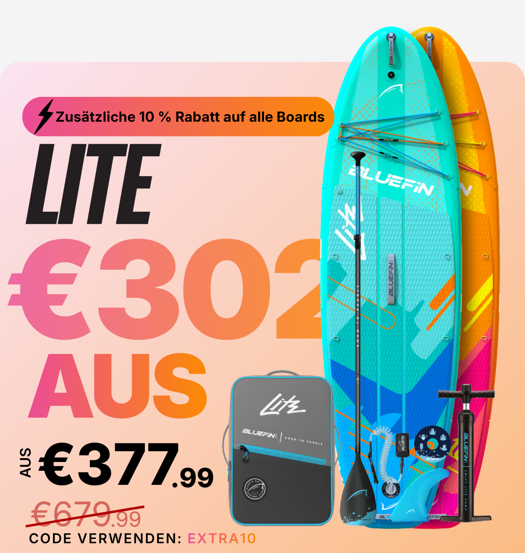 Two colorful inflatable paddleboards with a paddle, pump, and carrying bag, featuring price details.