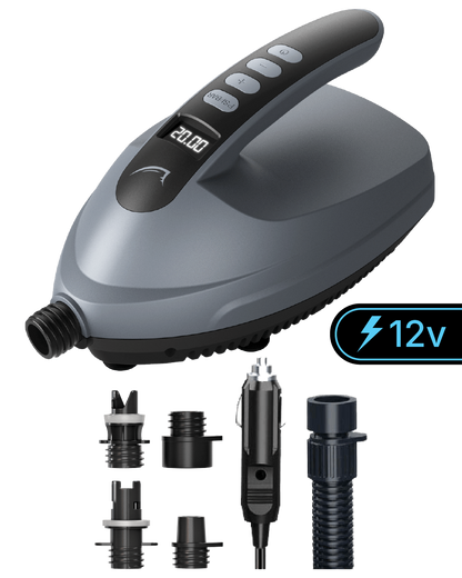 Electric pump with digital display, 12V, and multiple nozzle attachments for inflating items
