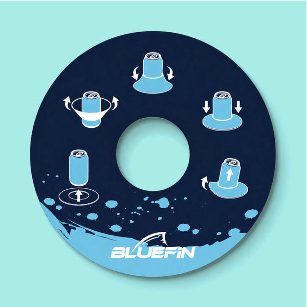 Circular diagram showing five steps for using a can holder, with arrows and illustrations on a blue background.