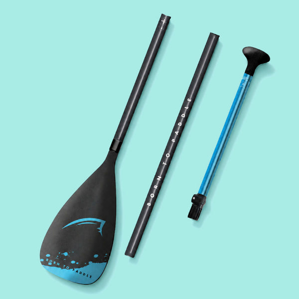 Three-piece adjustable paddle with black blade and blue accents, featuring 'Born to Paddle' text.