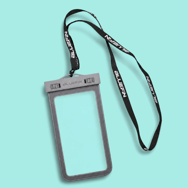 Waterproof phone pouch with adjustable lanyard, featuring a clear front and gray back.