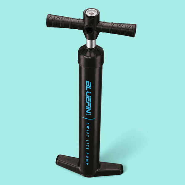 Black Bluefin Swift Lite Pump with T-shaped handle and pressure gauge on a teal background