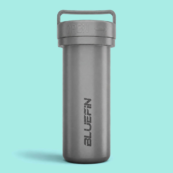 Gray cylindrical container with a handle and "OPEN" label, featuring the BLUEFIN logo.