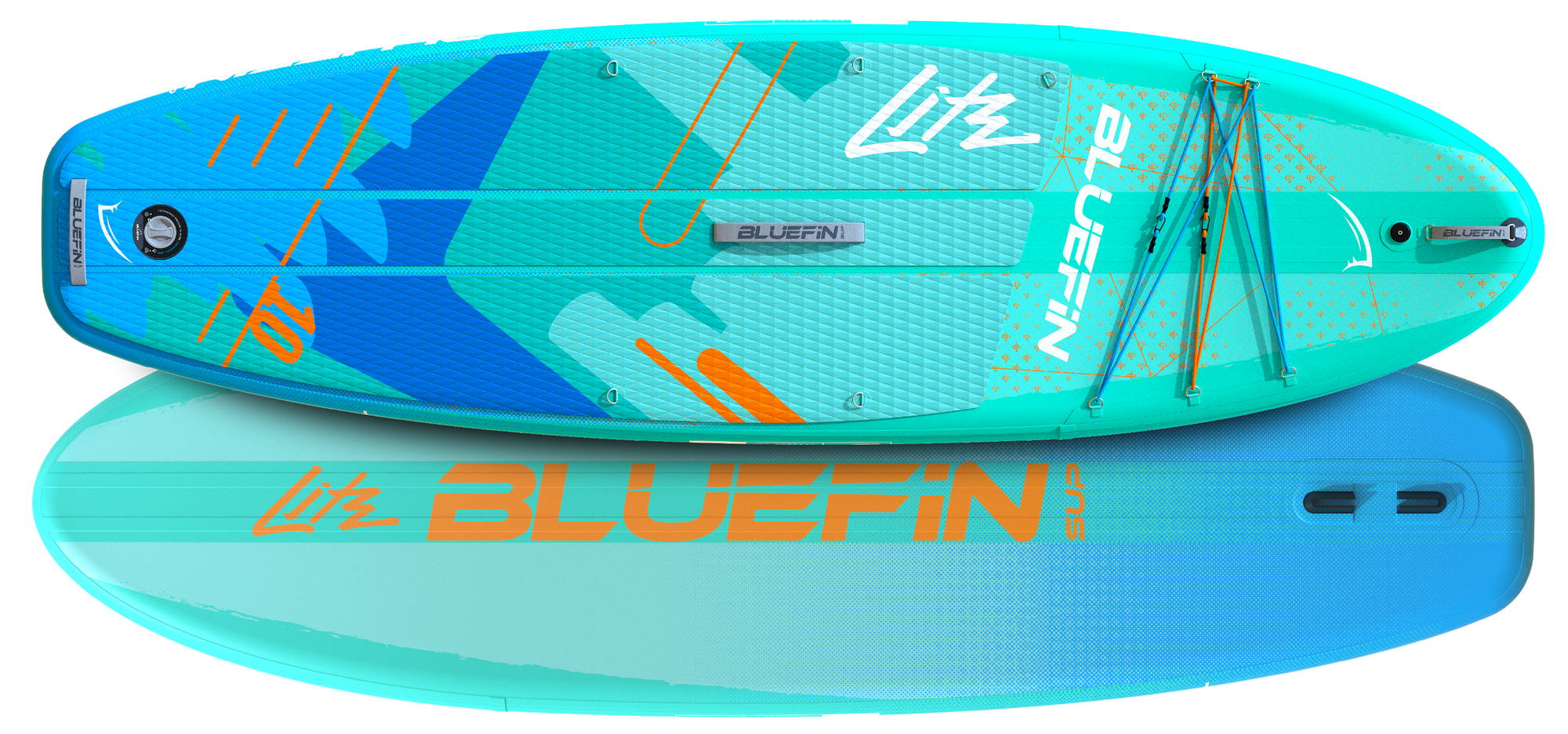 Inflatable paddleboard in teal and blue with textured deck, center fin, and bungee cords for storage