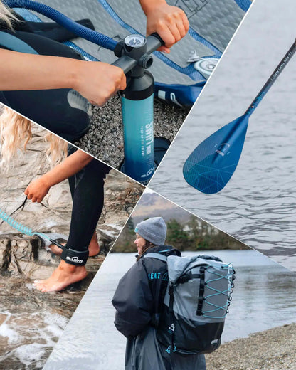 Collage of paddleboarding gear: pump, paddle, leash, and waterproof backpack by Bluefin.