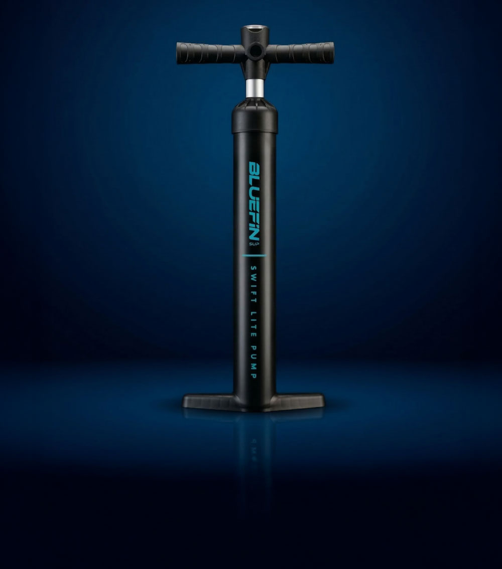 Black Bluefin Swift Lite Pump with a T-handle and base, designed for inflating paddleboards