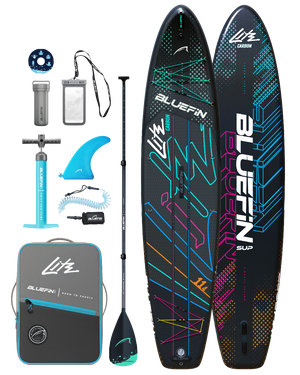Lite Carbon inflatable paddleboard kit with paddle, pump, fin, leash, carry bag and accessories