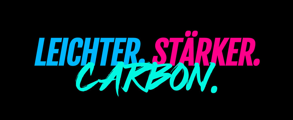 Text graphic with the words "Leichter. Stärker. Carbon." in blue, pink, and turquoise on a black background.