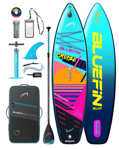 Inflatable paddleboard with colorful design, paddle, pump, fin, bag, and accessories for water sports.