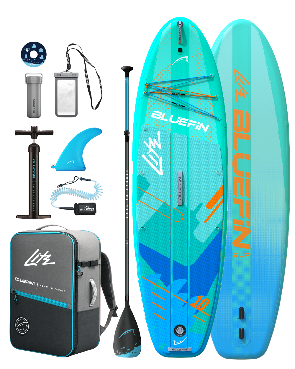 Inflatable paddleboard with blue and turquoise design, paddle, pump, fin, backpack, and accessories.