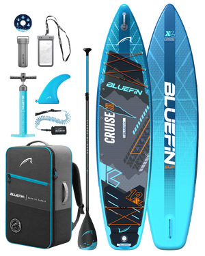 Inflatable paddleboard with blue and black design, paddle, pump, fin, and carrying backpack included