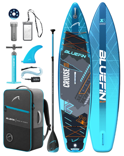 Inflatable paddleboard with blue and black design, paddle, pump, fin, and carrying backpack included