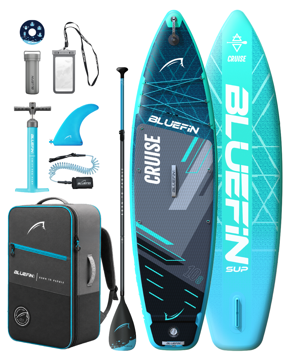 Inflatable paddleboard with accessories including a fin, pump, paddle, and carrying bag in blue and black.