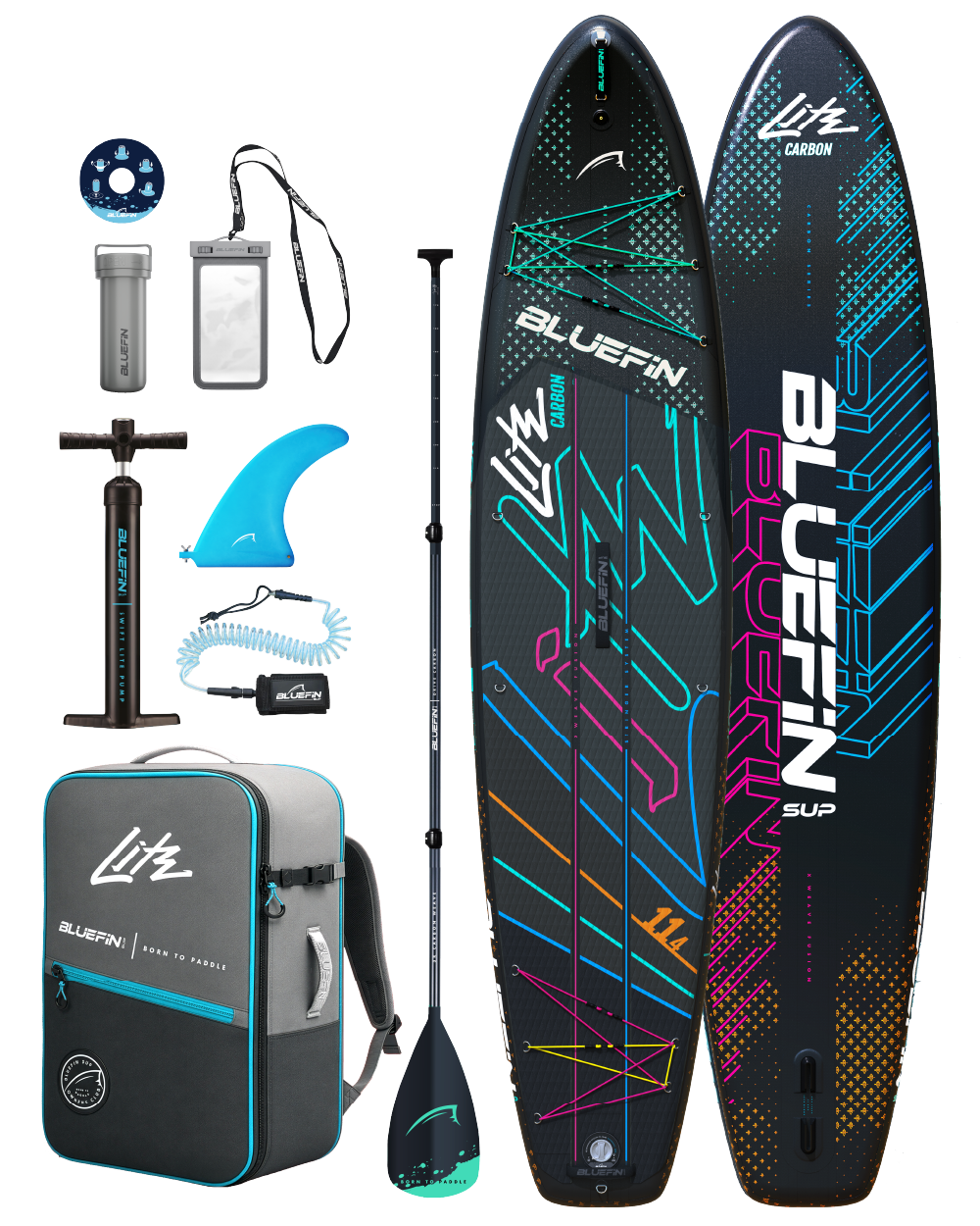 Inflatable Bluefin SUP with paddle, pump, backpack, fin, and accessories for water sports.